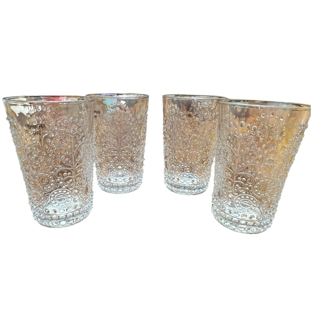 Drinking Glasses Set of 4 OS Clear Very Good Embossed Textured Scroll - Picture 2 of 6